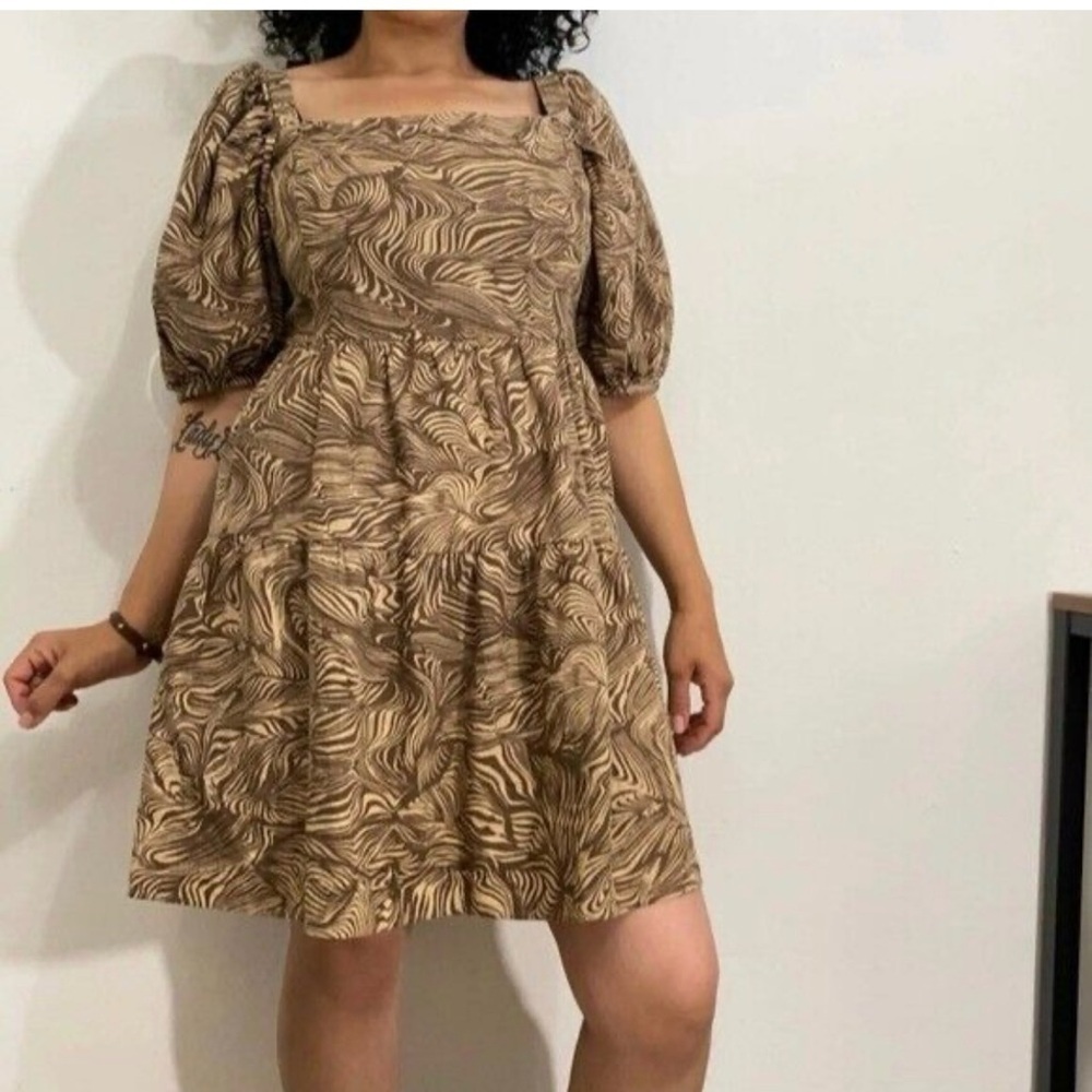 House of Harlow 1960 Tan linen blend Puff Sleeve Mini boho Dress